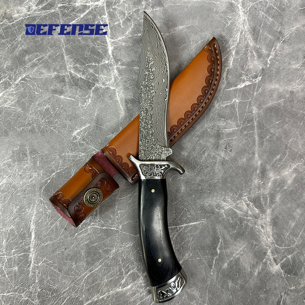 Defence®Damascus patterned leather scabbard Bowie knife